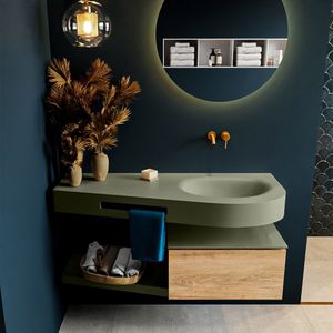 Mondiaz riva 120 cm badmeubel onderkast /planchet kleur washed_oak met 1 lade. Wastafel dulcet rechts 0 kraangaten kleur army.