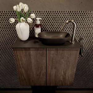 Mondiaz Fowy toiletmeubel 60cm dark brown met zwarte waskom rechts en kraangat