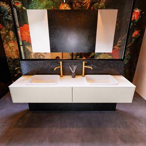 Badkamermeubelset mondiaz erin 200 cm met 2 lades met ridge wastafel dubbel talc met 2 kraangaten greeploos mat linen