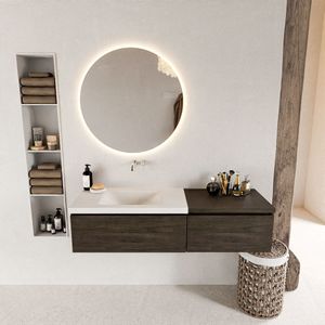 Mondiaz bukla 140 cm badmeubel met module 60 kleur dark brown met 2 lades. Wastafel cloud links 0 kraangaten kleur talc.