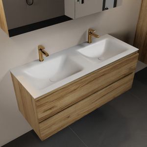 Mondiaz Aivy badmeubelset - 120x45x50cm - 2 kraangaten - 2 wasbakken talc Solid surface - Links en rechts - 2 lades - Met spiegelkast - Melamine Chai AIVY80329