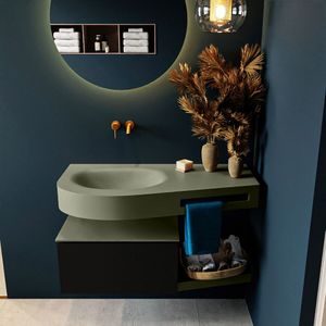 MONDIAZ RIVA 100cm badmeubel onderkast / planchet  kleur Urban met 1 lade. Wastafel DULCET links 0 kraangaten kleur Army.