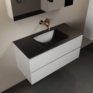 Mondiaz aivy 100 cm badmeubel talc, wastafel urban solid surface midden zonder kraangat met spiegelkast