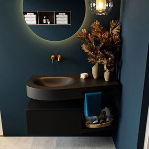 Mondiaz riva 100 cm badmeubel onderkast /planchet kleur urban met 1 lade. Wastafel dulcet links 0 kraangaten kleur urban.