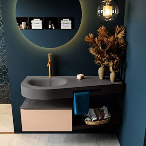 MONDIAZ RIVA 120cm badmeubel onderkast / planchet  kleur Rosee met 1 lade. Wastafel DULCET links 1 kraangat kleur Dark_Grey.