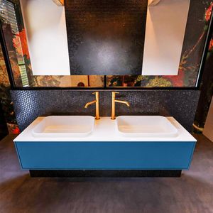 Badkamermeubelset Mondiaz Erin 150 cm met 1 Lade met RIDGE Wastafel Dubbel Talc met 2 kraangaten Greeploos Mat Jeans