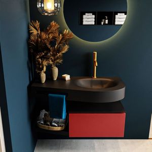 Mondiaz riva 100 cm badmeubel onderkast /planchet kleur fire met 1 lade. Wastafel dulcet rechts 1 kraangat kleur urban.