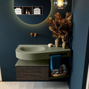 Mondiaz riva 100 cm badmeubel onderkast /planchet kleur dark_brown met 1 lade. Wastafel dulcet links 0 kraangaten kleur army.