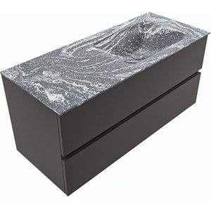 Mondiaz vica-dlux 110 cm badmeubel onderkast dark grey 2 lades. Inbouw wastafel cloud rechts zonder kraangat, kleur lava, en spiegel model spot