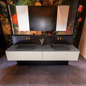 Badkamermeubelset mondiaz erin 200 cm met 2 lades met ridge wastafel dubbel dark grey zonder kraangaten greeploos mat linen
