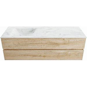 Mondiaz vica-dlux 150 cm badmeubel onderkast washed oak 2 lades. Inbouw wastafel cloud links zonder kraangat, kleur opalo.
