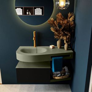 Mondiaz riva 100 cm badmeubel onderkast /planchet kleur urban met 1 lade. Wastafel dulcet links 1 kraangat kleur army.