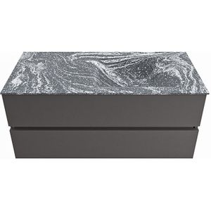 Mondiaz vica-dlux 110 cm badmeubel onderkast dark grey 2 lades. Inbouw wastafel cloud rechts zonder kraangat, kleur lava.