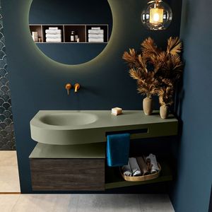 Mondiaz riva 120 cm badmeubel onderkast /planchet kleur dark_brown met 1 lade. Wastafel dulcet links 0 kraangaten kleur army.