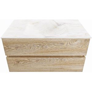 Mondiaz vica-dlux 90 cm badmeubel onderkast washed oak 2 lades. Inbouw wastafel cloud midden zonder kraangat, kleur ostra.