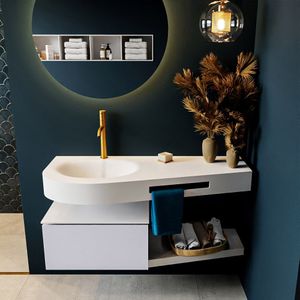 MONDIAZ RIVA 120cm badmeubel onderkast / planchet  kleur Cale met 1 lade. Wastafel DULCET links 1 kraangat kleur Talc.