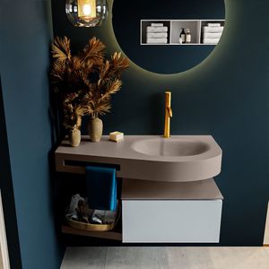 MONDIAZ RIVA 100cm badmeubel onderkast / planchet  kleur Clay met 1 lade. Wastafel DULCET rechts 1 kraangat kleur Smoke.