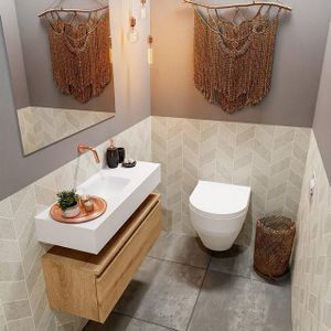 MONDIAZ ANDOR Toiletmeubel - 80x30x30cm - 0 kraangaten - 1 lades - washed oak mat - wasbak midden - Solid surface - Wit FK75343374