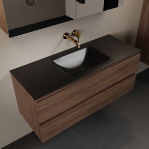 MONDIAZ AIVY 120cm badmeubel Mocha, wastafel Urban solid surface midden zonder kraangat met spiegelkast (AI-351621URBAN-NO - AI-M120MOMI - AI-C120MOMI)