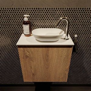 Mondiaz Fowy Toiletmeubel - 50x50x23cm - washed oak mat - 1 kraangat - wasbak rechts - 1 deur - solid surface - blad Melamine - wasbak: wit FOWY59005washedoaktalc