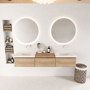 Mondiaz bukla 180 cm badmeubel met module 60 kleur washed oak met 3 lades. Wastafel cloud dubbel 0 kraangaten kleur talc.