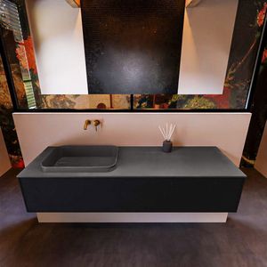Badkamermeubelset mondiaz erin 150 cm met 1 lade met ridge wastafel links dark grey zonder kraangaten greeploos mat urban