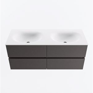 Mondiaz vica 120 cm badmeubel onderkast dark grey 4 lades. Wastafel moon dubbel zonder kraangat, kleur talc.