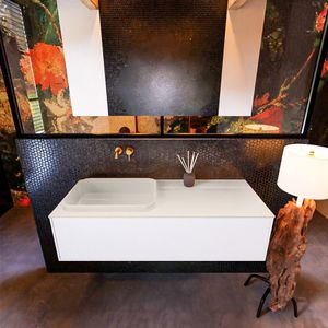 Badkamermeubelset Mondiaz Erin 120 cm met 1 Lade met RIDGE Wastafel Links Linen Zonder Kraangaten Greeploos Mat Talc