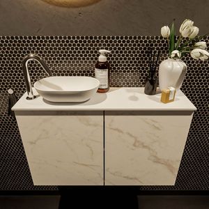 Mondiaz Fowy toiletmeubel 80cm Carrara met witte waskom links en kraangat
