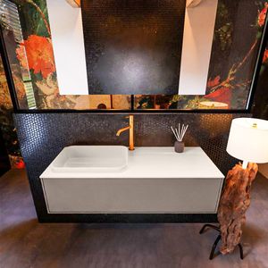 Badkamermeubelset Mondiaz Erin 120 cm met 1 Lade met RIDGE Wastafel Links Linen met 1 kraangat Greeploos Mat Smoke