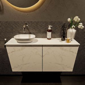 Mondiaz Fowy toiletmeubel 100cm Carrara met witte waskom links zonder kraangat