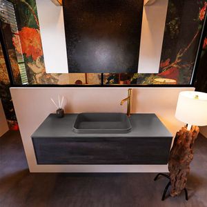 Badkamermeubelset mondiaz erin 120 cm met 1 lade met ridge wastafel midden dark grey met 1 kraangat greeploos mat dark brown