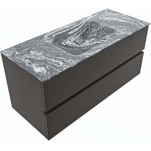 Mondiaz vica-dlux 110 cm badmeubel onderkast dark grey 2 lades. Inbouw wastafel cloud midden zonder kraangat, kleur lava, en spiegel model spot
