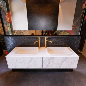 Badkamermeubelset Mondiaz Erin 150 cm met 2 Lades met RIDGE Wastafel Dubbel Talc met 2 kraangaten Greeploos Mat Carrara