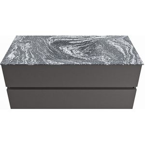 Mondiaz vica-dlux 110 cm badmeubel onderkast dark grey 2 lades. Inbouw wastafel cloud midden 1 kraangat, kleur lava.