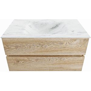 Mondiaz vica-dlux 90 cm badmeubel onderkast washed oak 2 lades. Inbouw wastafel cloud midden zonder kraangat, kleur opalo.