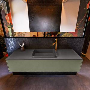 Badkamermeubelset mondiaz erin 150 cm met 1 lade met ridge wastafel midden dark grey met 1 kraangat greeploos mat army