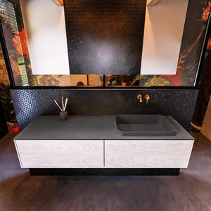Badkamermeubelset mondiaz erin 150 cm met 2 lades met ridge wastafel rechts dark grey zonder kraangaten greeploos mat underlayment