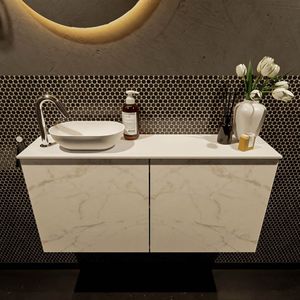 Mondiaz Fowy toiletmeubel 100cm Carrara met witte waskom links en kraangat