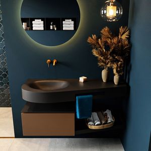 Mondiaz riva 120 cm badmeubel onderkast /planchet kleur rust met 1 lade. Wastafel dulcet links 0 kraangaten kleur urban.
