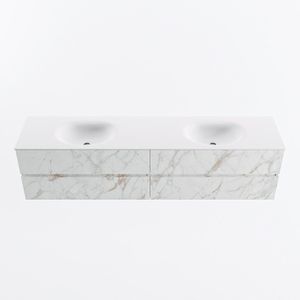 Mondiaz vica 200 cm badmeubel onderkast carrara 4 lades. Wastafel moon dubbel 2 kraangaten, kleur talc.