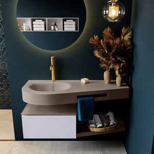 MONDIAZ RIVA 120cm badmeubel onderkast / planchet  kleur Cale met 1 lade. Wastafel DULCET links 1 kraangat kleur Smoke.