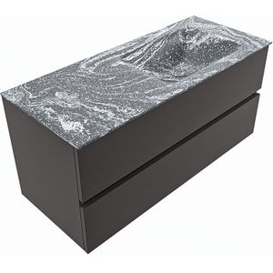 Mondiaz vica-dlux 110 cm badmeubel onderkast dark grey 2 lades. Inbouw wastafel cloud rechts 1 kraangat, kleur lava, en spiegel model spot