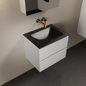 Mondiaz aivy 60 cm badmeubel talc, wastafel urban solid surface midden zonder kraangat met spiegelkast