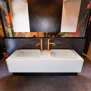 Badkamermeubelset mondiaz erin 150 cm met 1 lade met ridge wastafel dubbel linen met 2 kraangaten greeploos mat cale