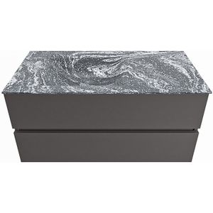 Mondiaz vica-dlux 100 cm badmeubel onderkast dark grey 2 lades. Inbouw wastafel cloud links 1 kraangat, kleur lava.