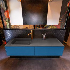 Badkamermeubelset mondiaz erin 150 cm met 2 lades met ridge wastafel links dark grey met 1 kraangat greeploos mat jeans