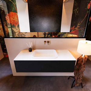 Badkamermeubelset mondiaz erin 120 cm met 1 lade met ridge wastafel midden talc zonder kraangaten greeploos mat urban