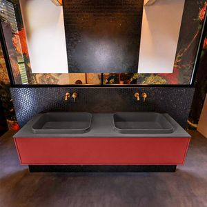 Badkamermeubelset mondiaz erin 150 cm met 1 lade met ridge wastafel dubbel dark grey zonder kraangaten greeploos mat fire