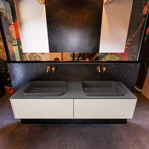 Badkamermeubelset Mondiaz Erin 150 cm met 2 Lades met RIDGE Wastafel Dubbel Dark grey Zonder Kraangaten Greeploos Mat Linen